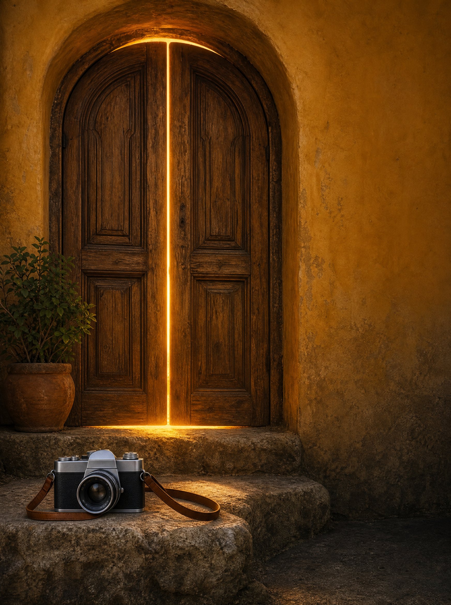 a vintage door with golden light spilling through the crack, a film camera waiting on the step