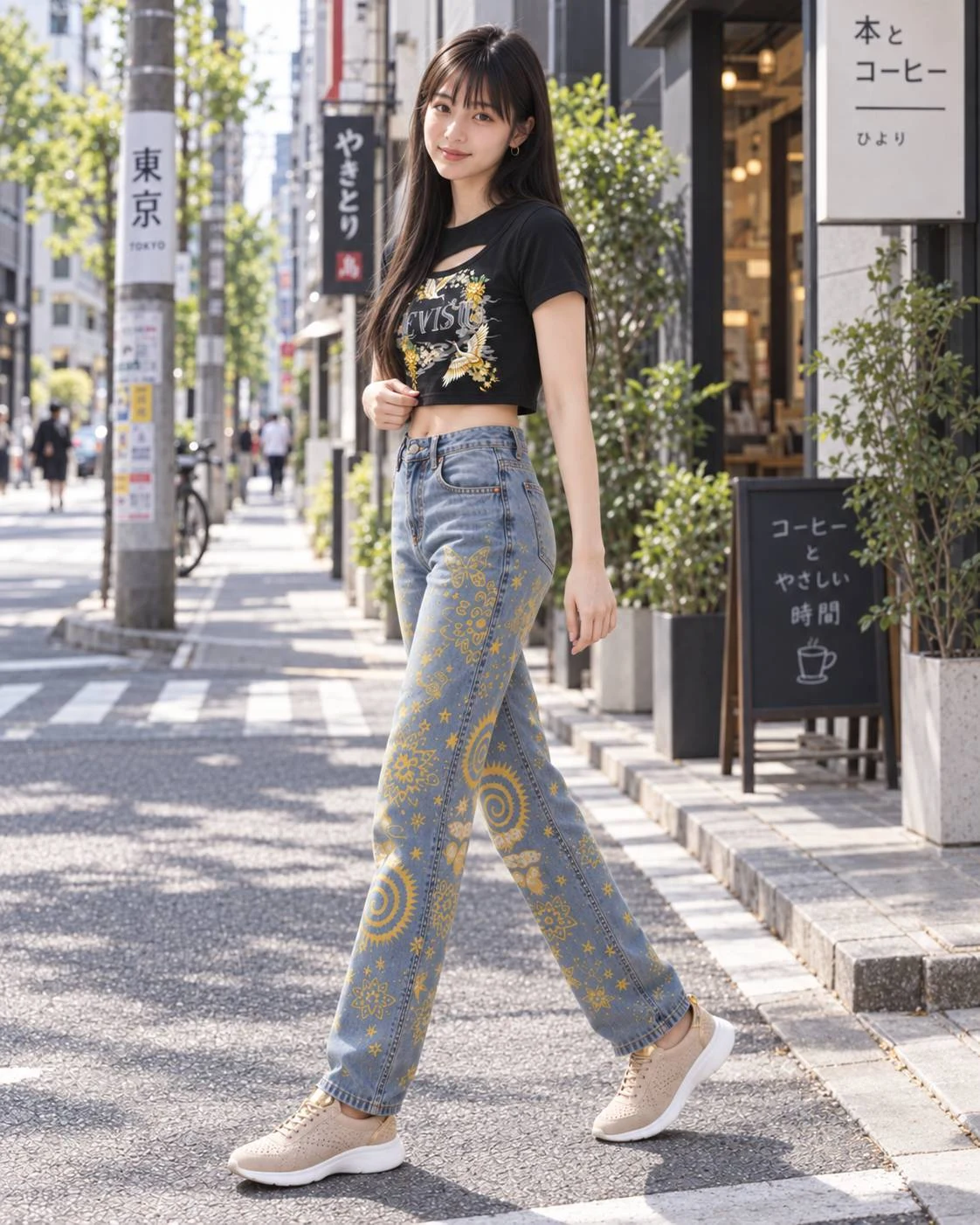 crossing a Tokyo street in EVISU