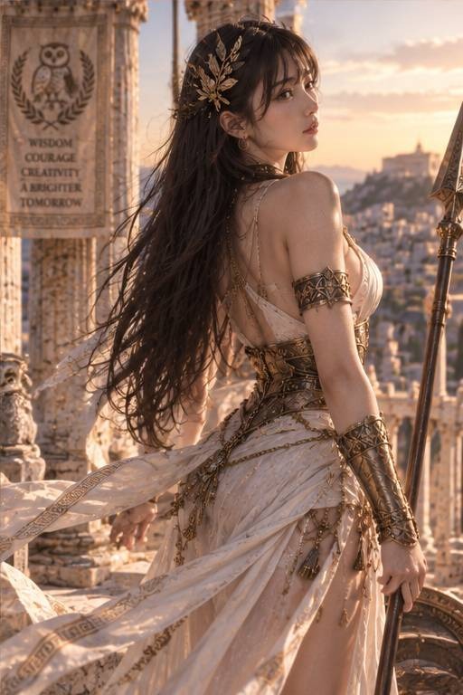 Atelina as Athena, turned away toward the Acropolis