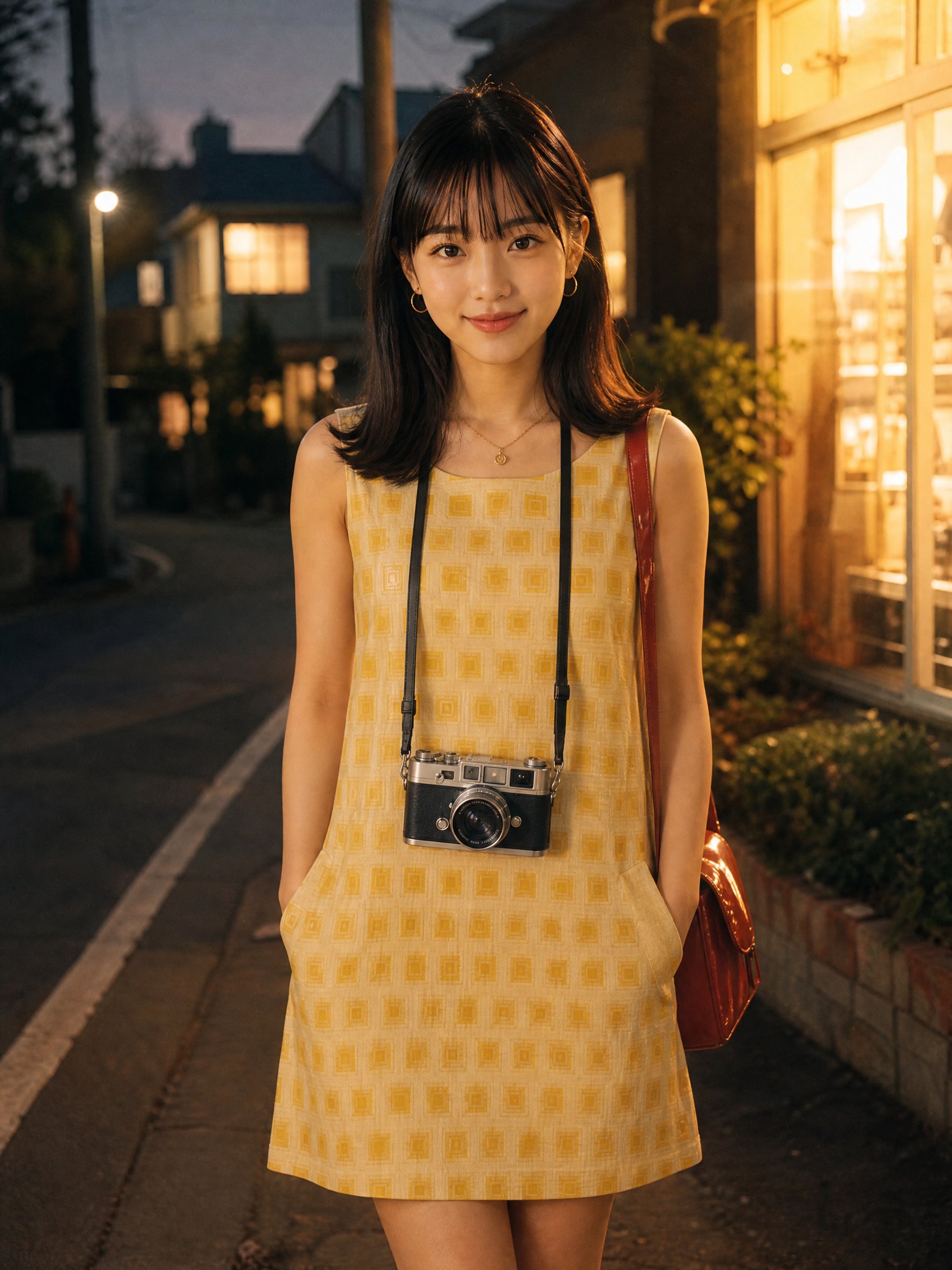 yellow box-print shift dress with a terracotta bag, camera on the strap