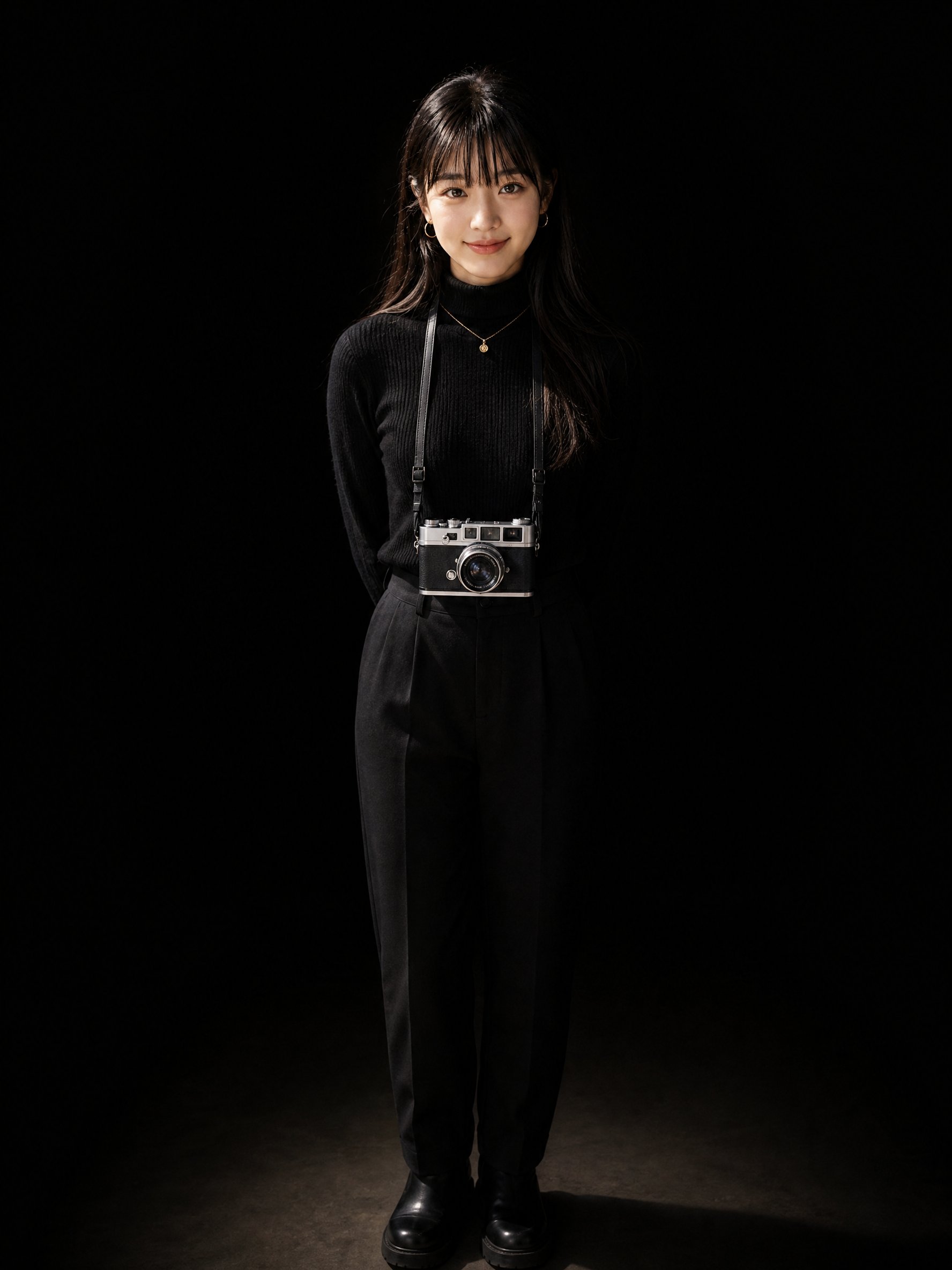 all-black look, one light, the lens pointed back at the viewer