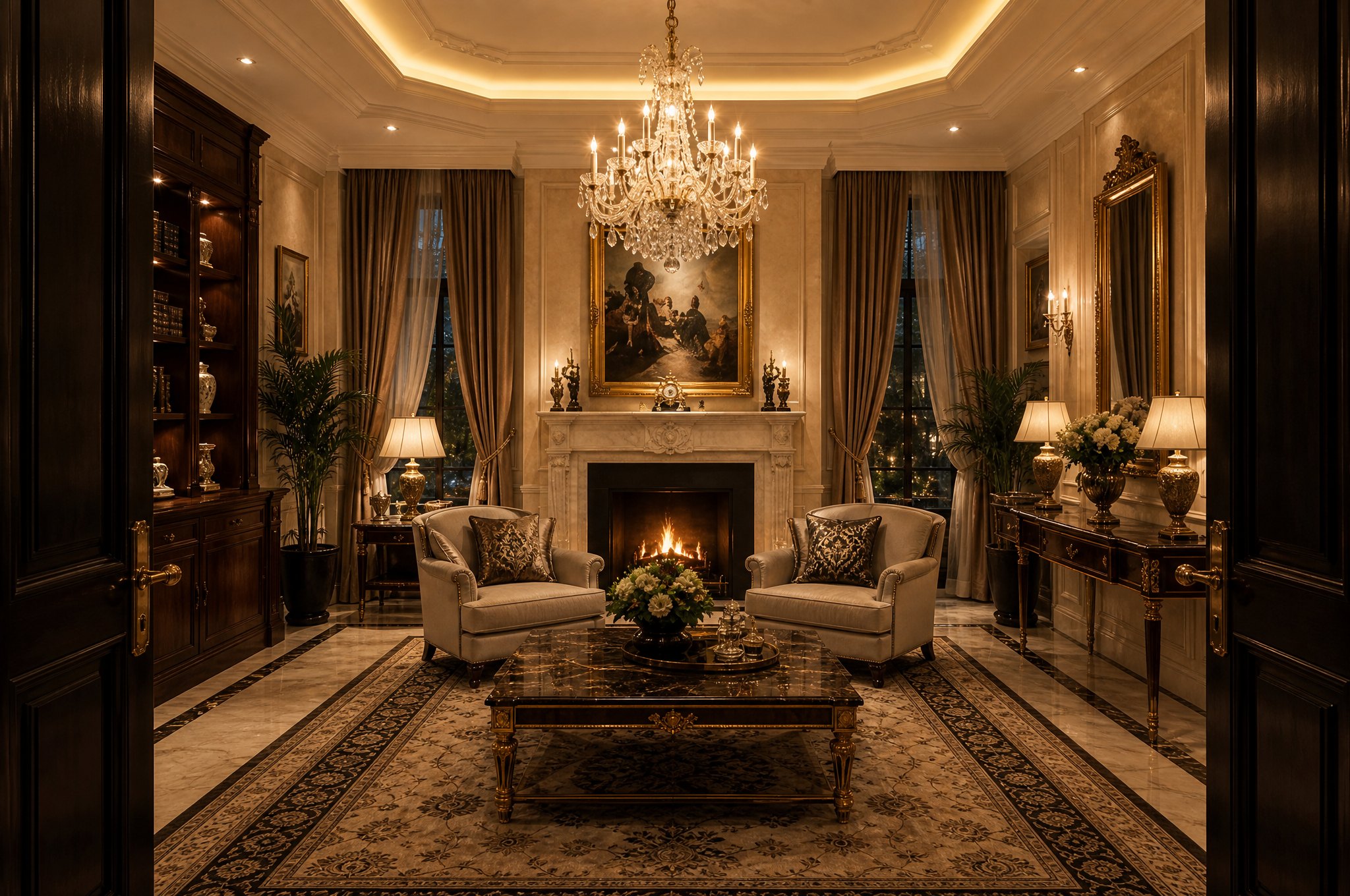 The living wing seen from the grand hall: an open double door leading into a warm parlor with a fireplace, amber lamps, dark wood and gold light.