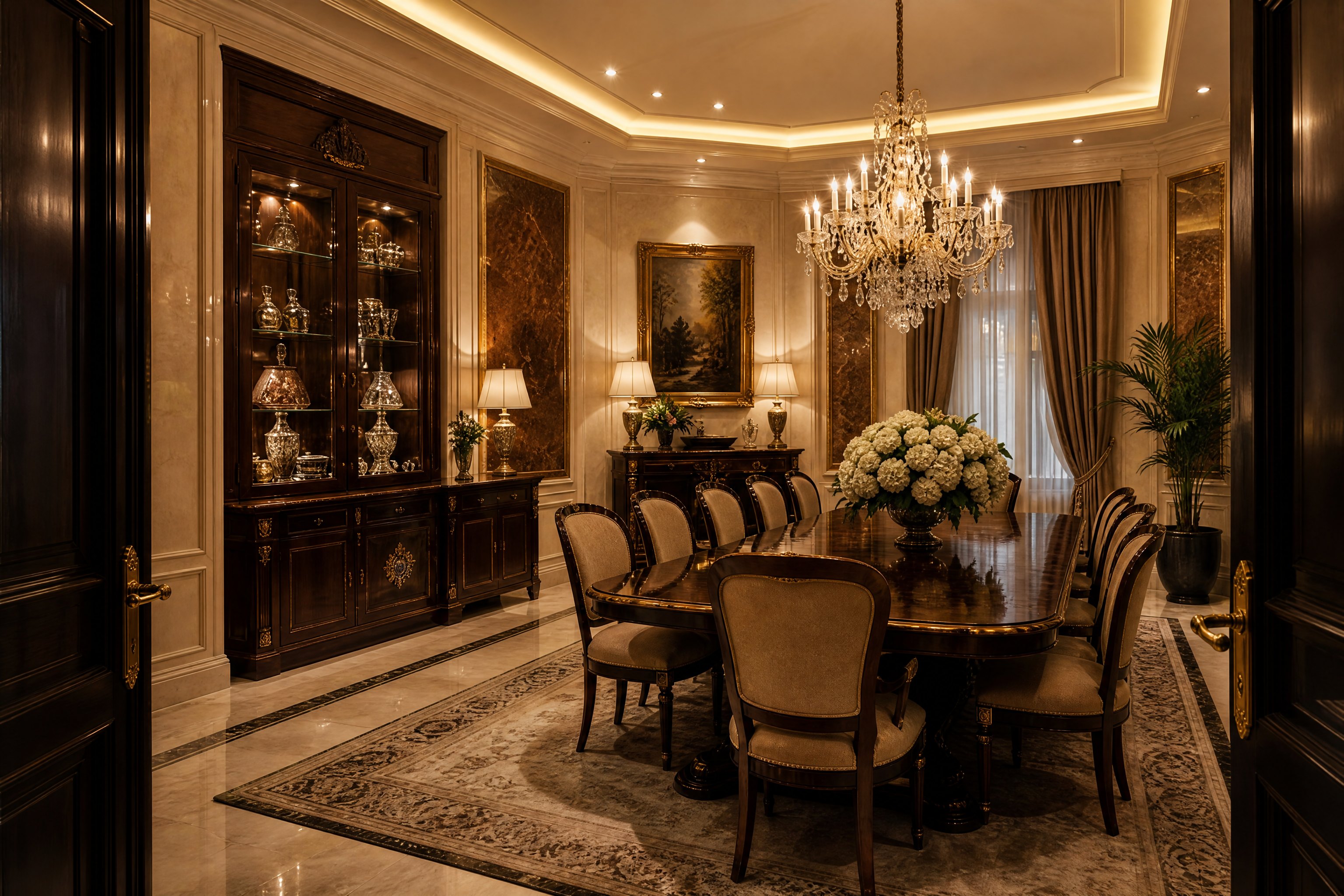 The dining wing seen from the grand hall: open double doors into a long room with a chandelier, a set table, sideboard lamps and warm gold light.