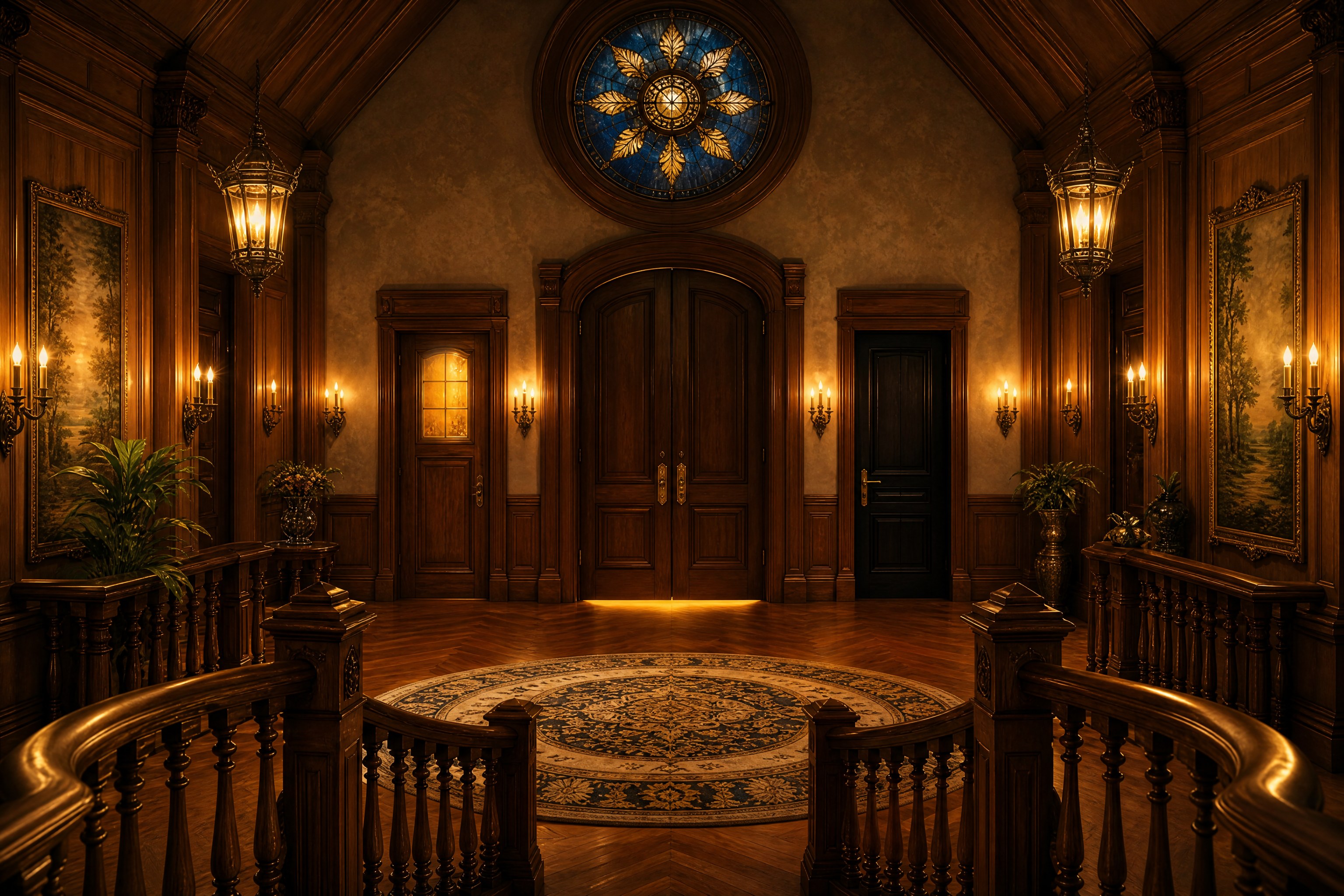 The upper foyer at the top of the grand staircase: honey wood, warm lantern light, a round stained-glass window, and three doors on the far wall — a small amber door on the left, a tall grand door in the middle, a tall dark door on the right.