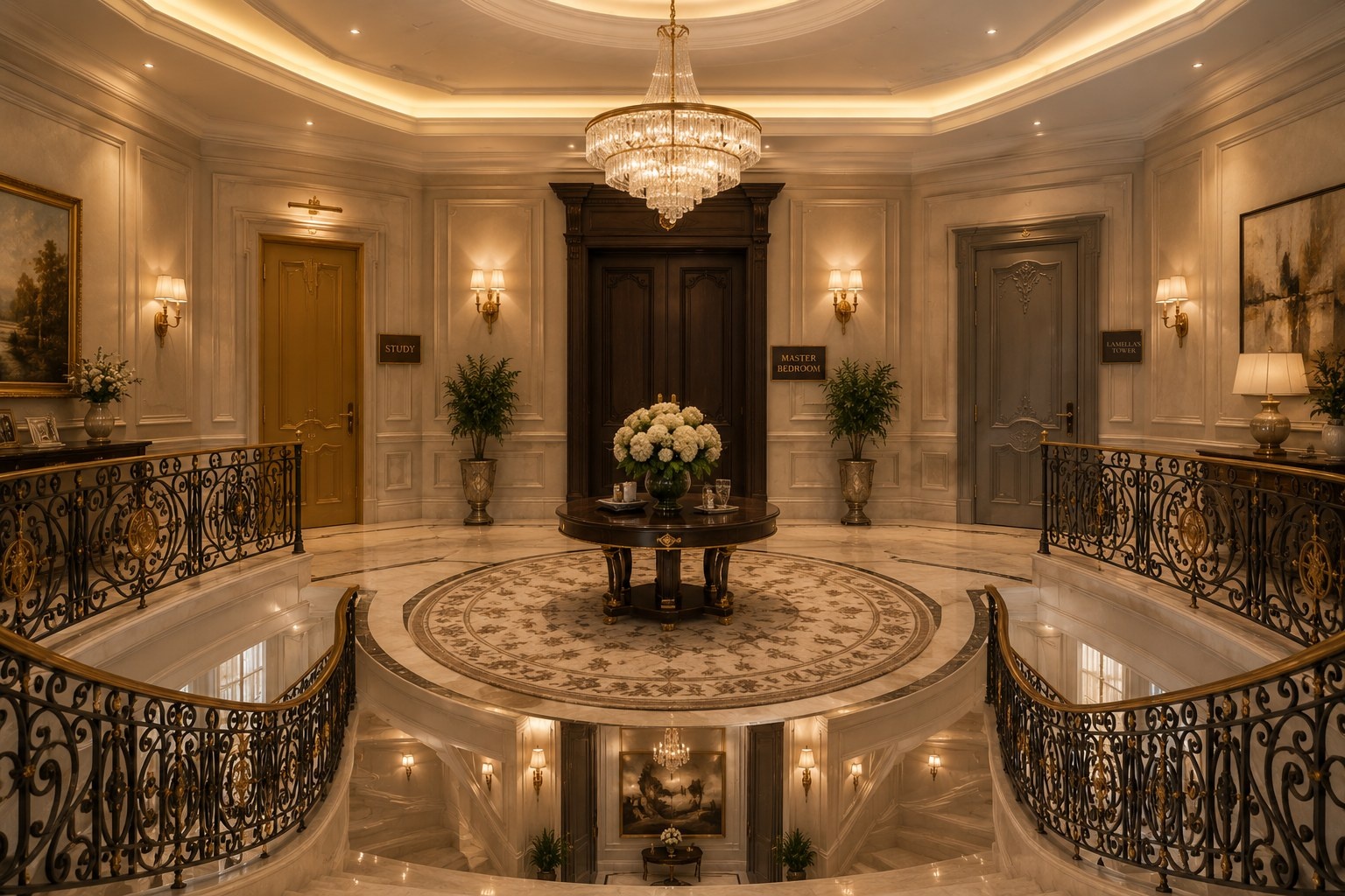 The upper foyer at the top of the grand staircase: bright marble, a crystal chandelier, and three labeled doors on the far wall — STUDY on the left, MASTER BEDROOM in the middle, LAMELLA'S TOWER on the right.