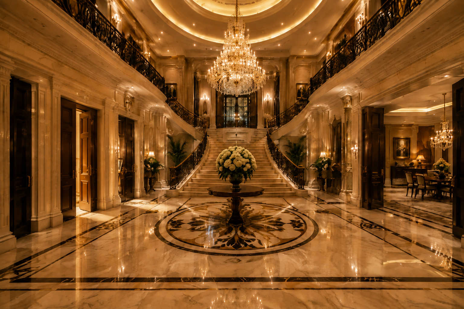 The grand hall: polished marble floor, a double staircase climbing to the upper foyer, the atelier door on the left wall between the living wing doorway and the stairs, a tall dark door on the right.