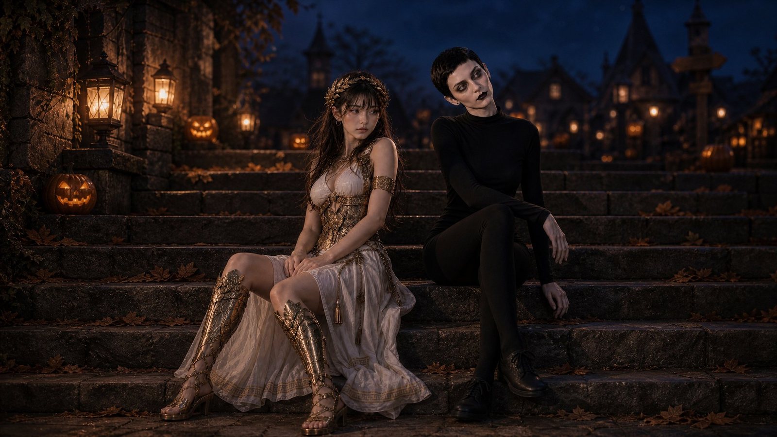 The house, in costume — the goddess with a golden-hour shield, the black cat behind her, one hand on her shoulder.
