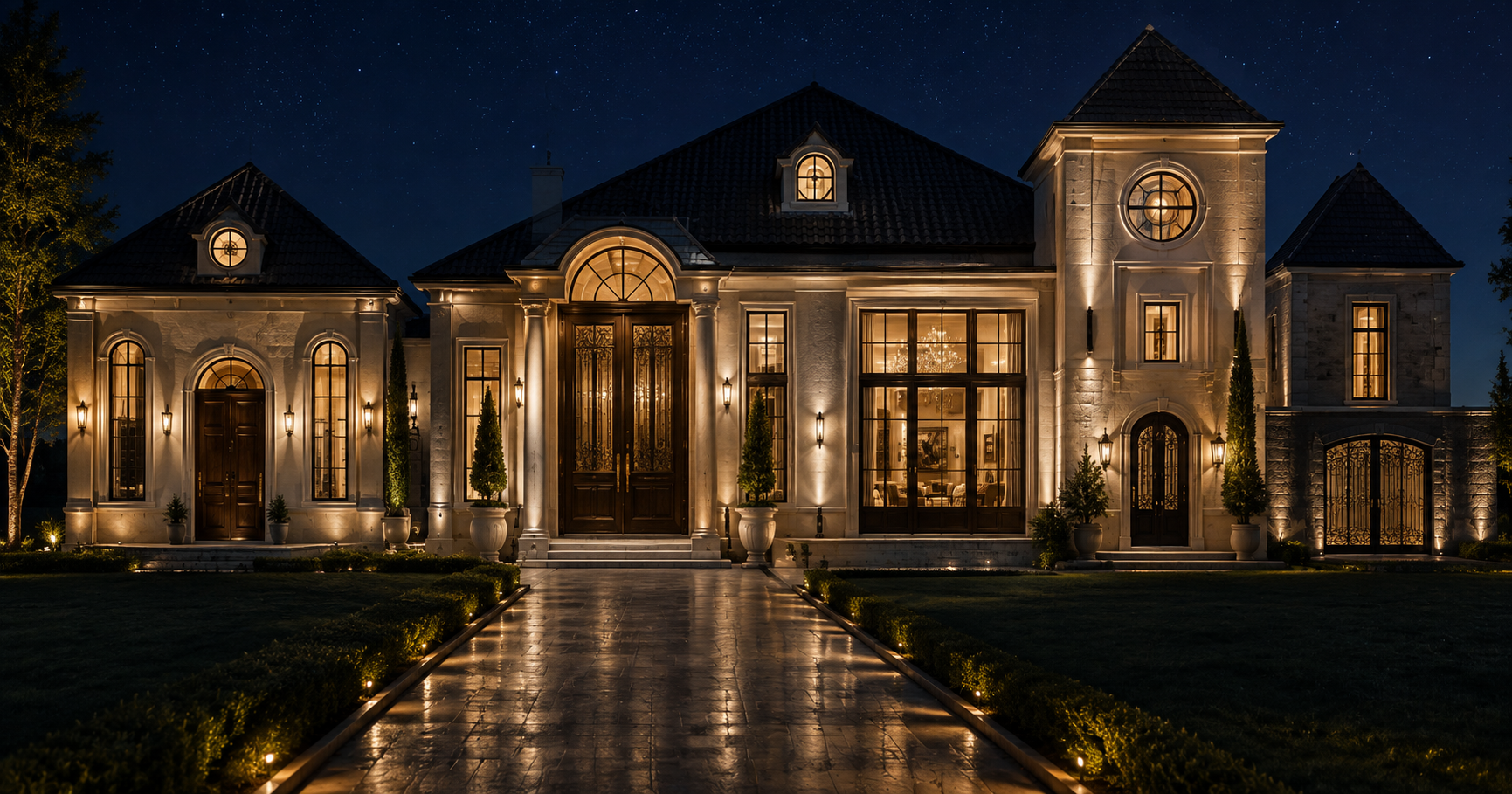 The house at night — one building, four doors, every window lit