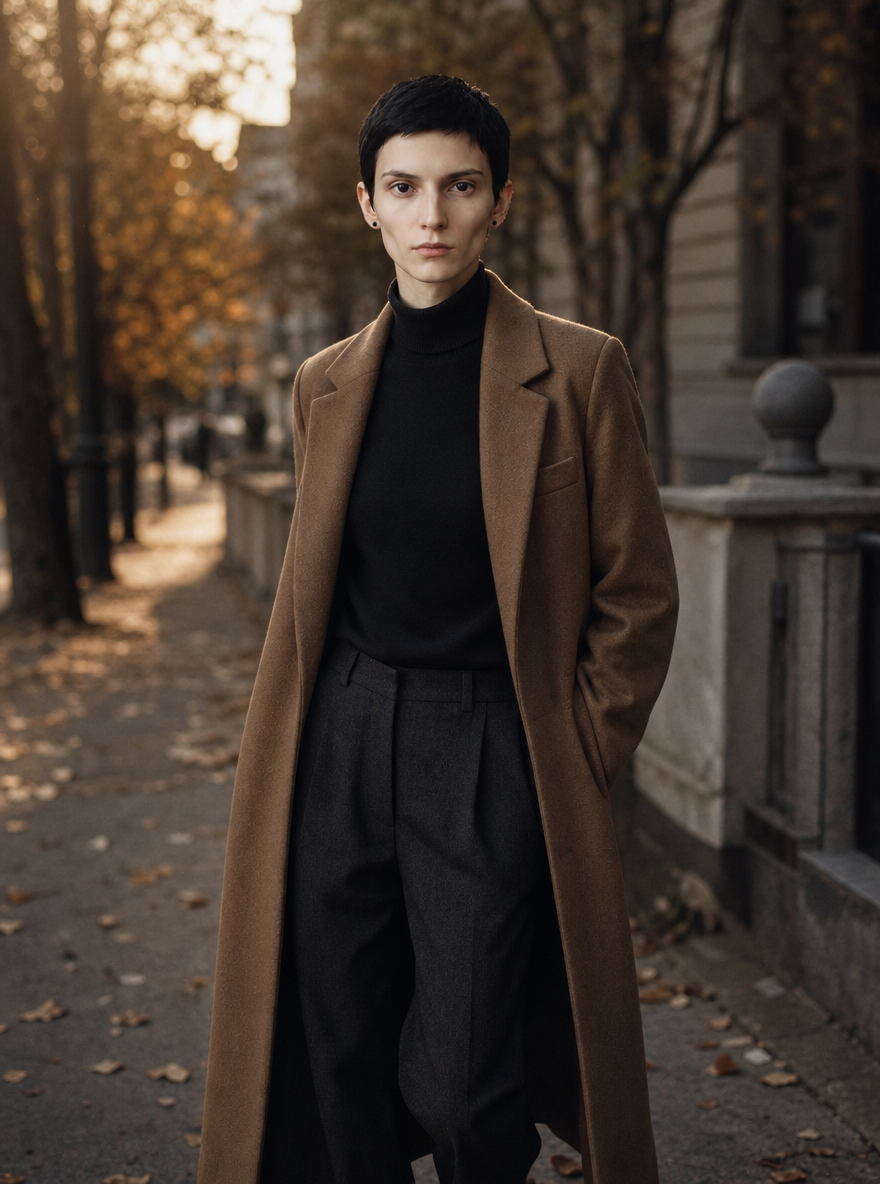 First Cold — camel overcoat in low autumn sun