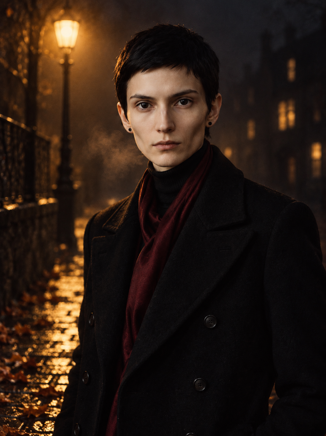 Night Walk — black coat and oxblood scarf under a streetlamp