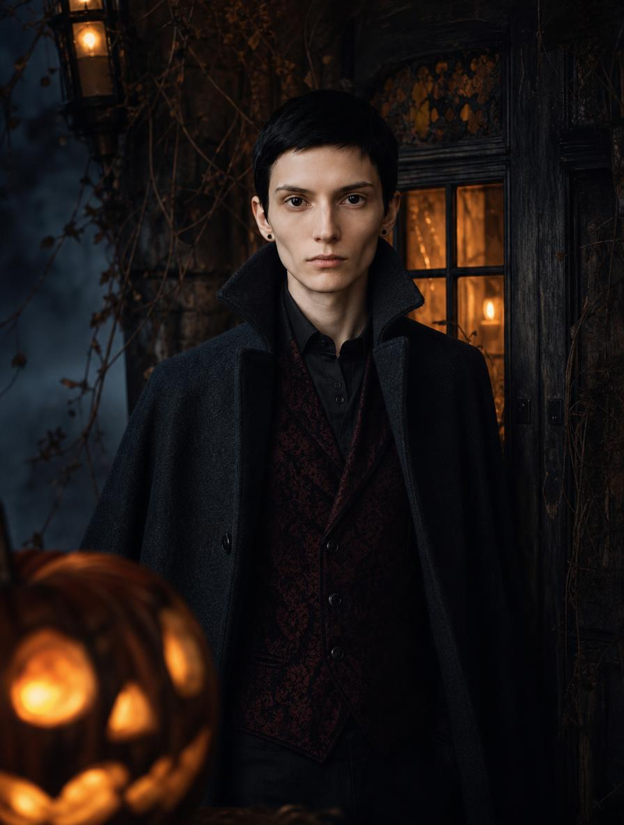 The Vigil — cape-coat and brocade vest at an old door