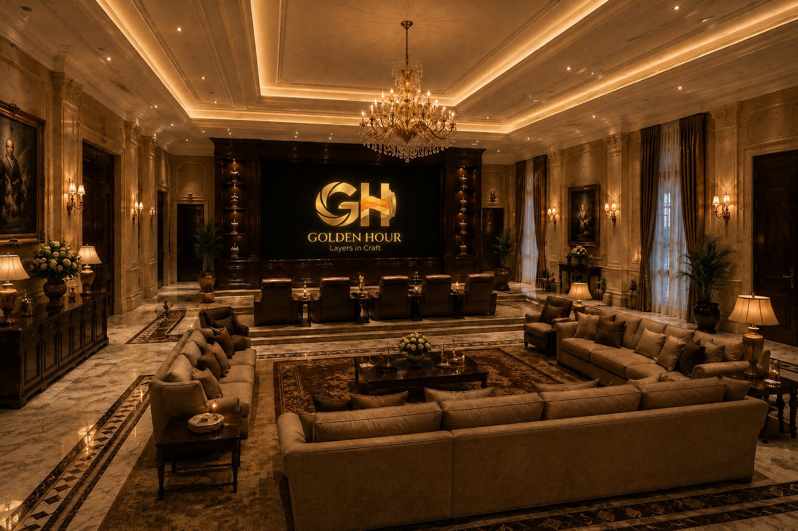 The living room seen from the grand hall: a sofa ring and theater recliners facing one big screen, the golden hour mark lit on it, chandelier gold overhead.