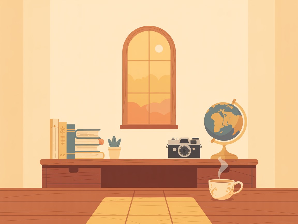 my room at golden hour — arched window, wooden desk, vintage camera, little globe