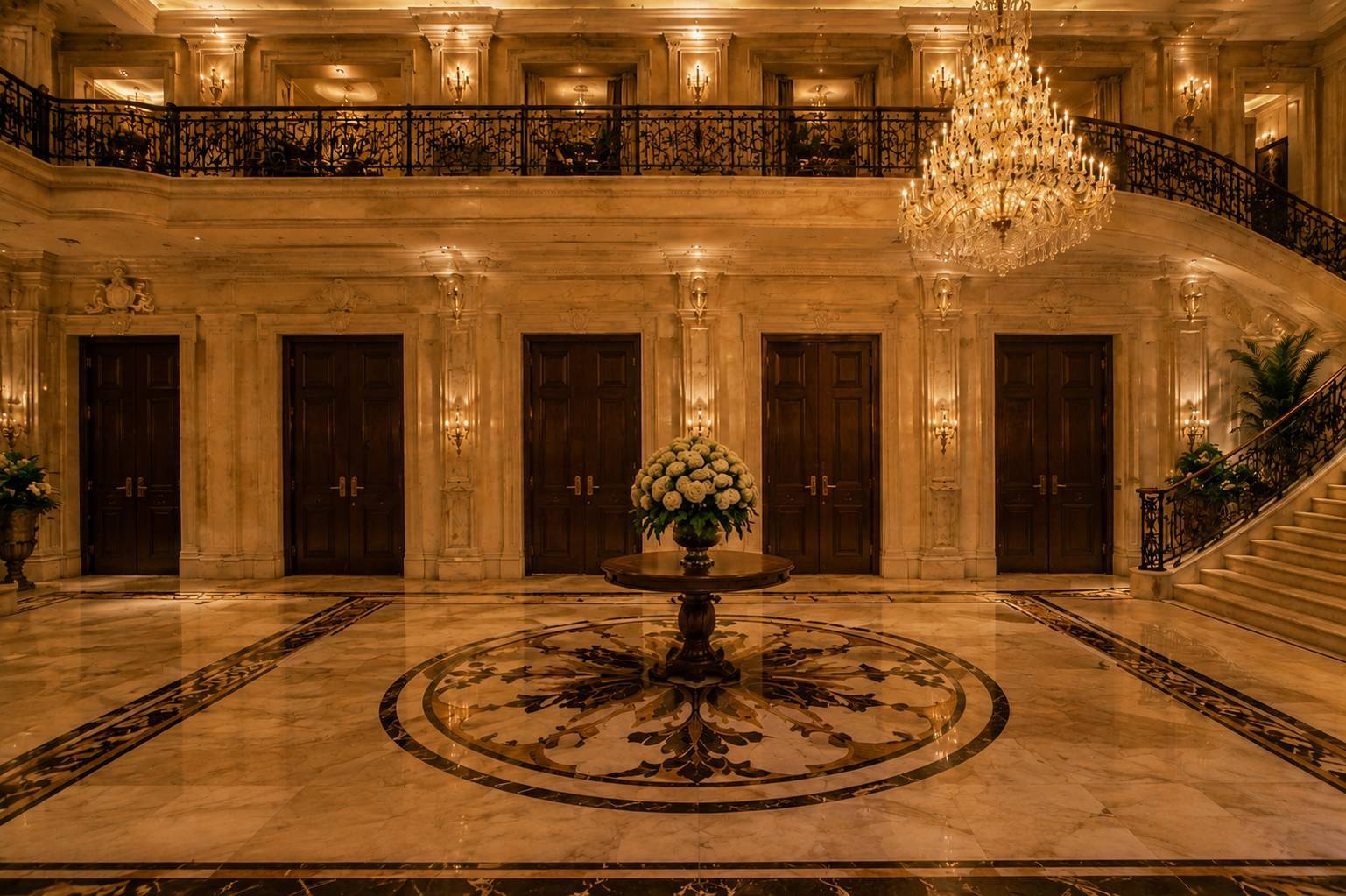 A wall of five double doors in a marble hall, warm light between them; door four opens onto Sayaka's room, door five onto Miya's.