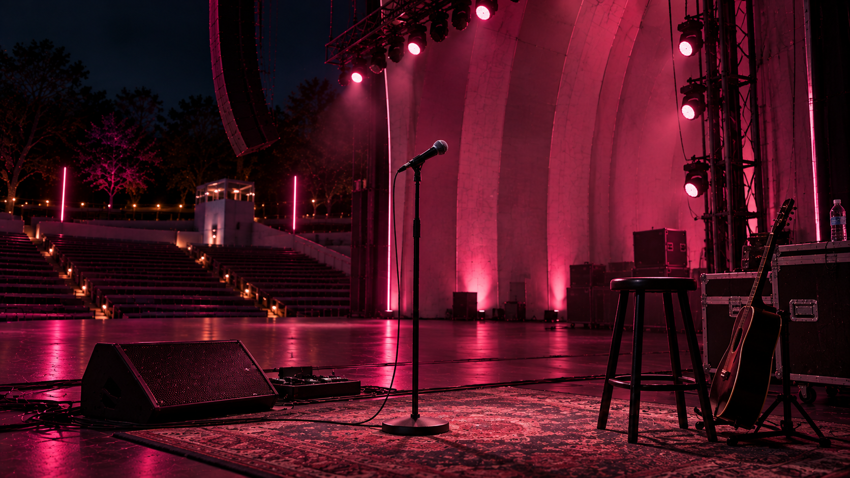 Concert venue — pre-show stage setup, mic centered, stool and acoustic guitar waiting