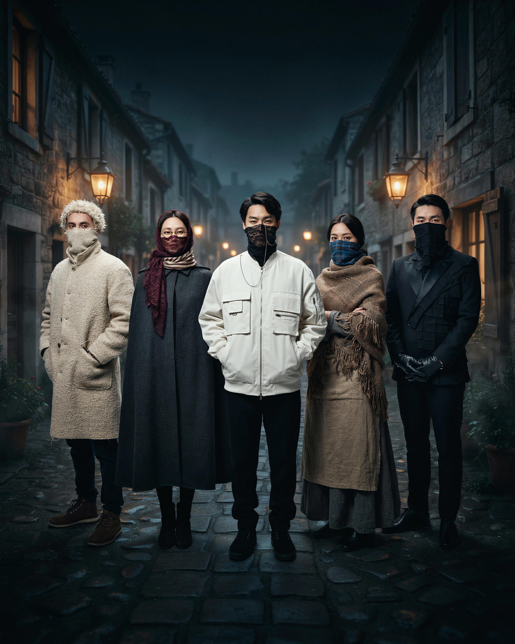 Lookbook cover — five masked, one street