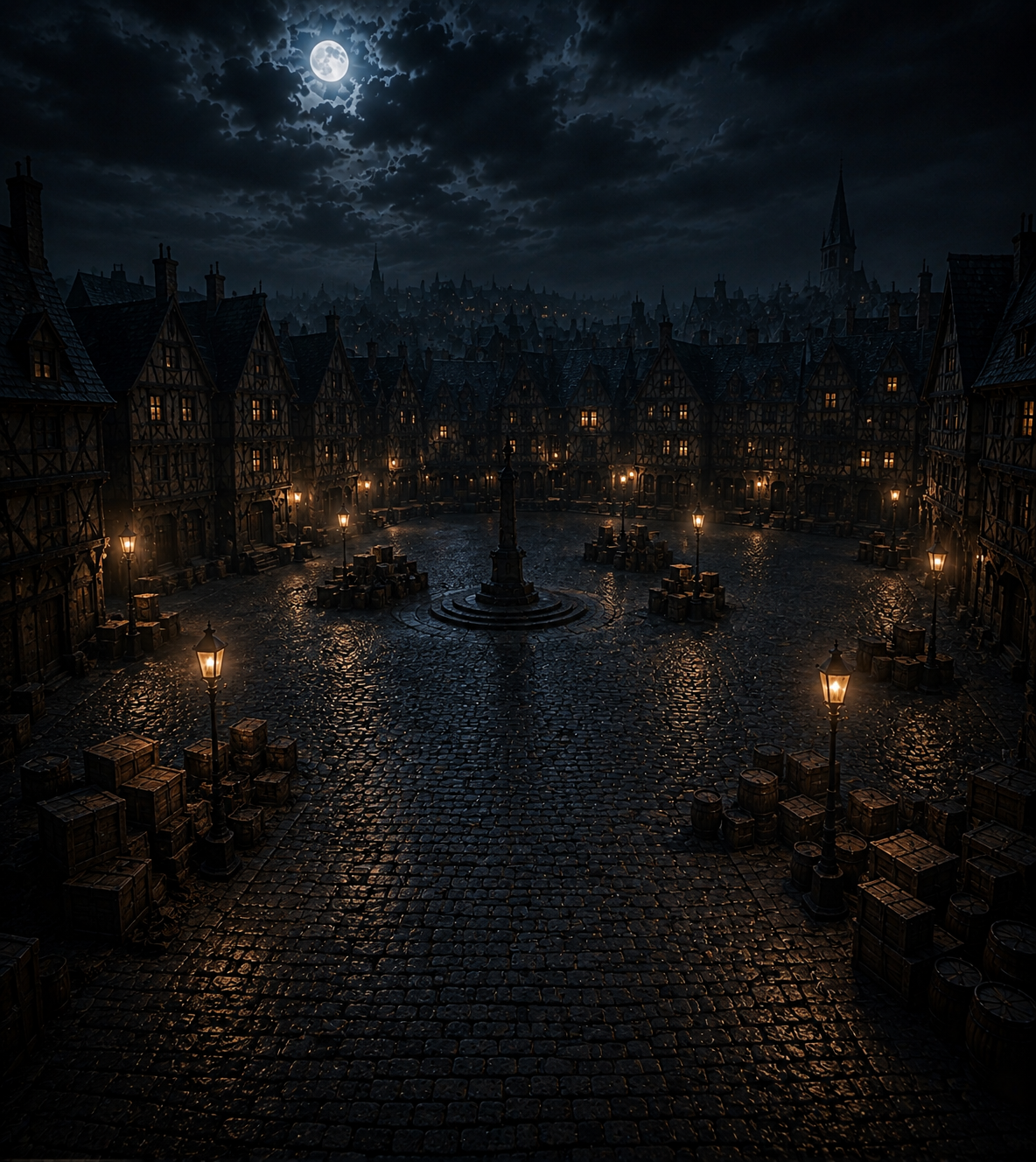 Market square — environment anchor, fountain, crates and barrels, gothic spires under a full moon