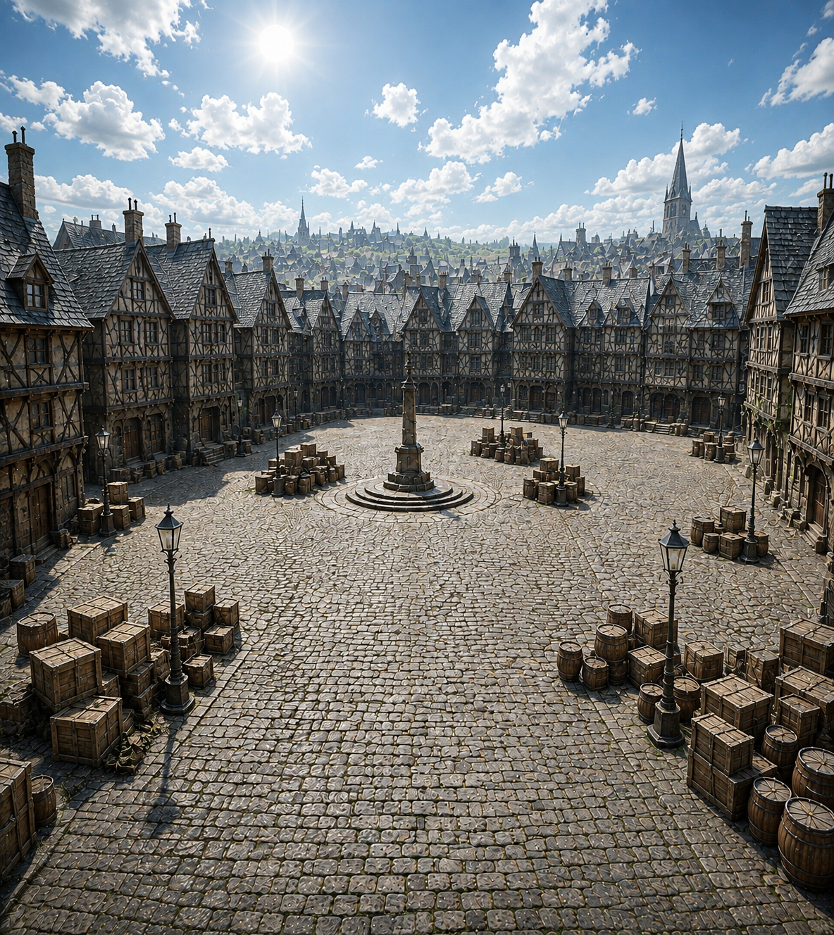 Market square by day — same square in midday light, blue sky, fountain, crates