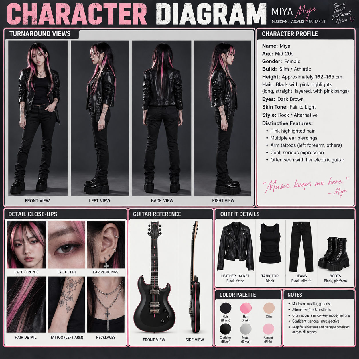 Miya character diagram — canonical turnarounds, detail panels, guitar, flat lays, palette