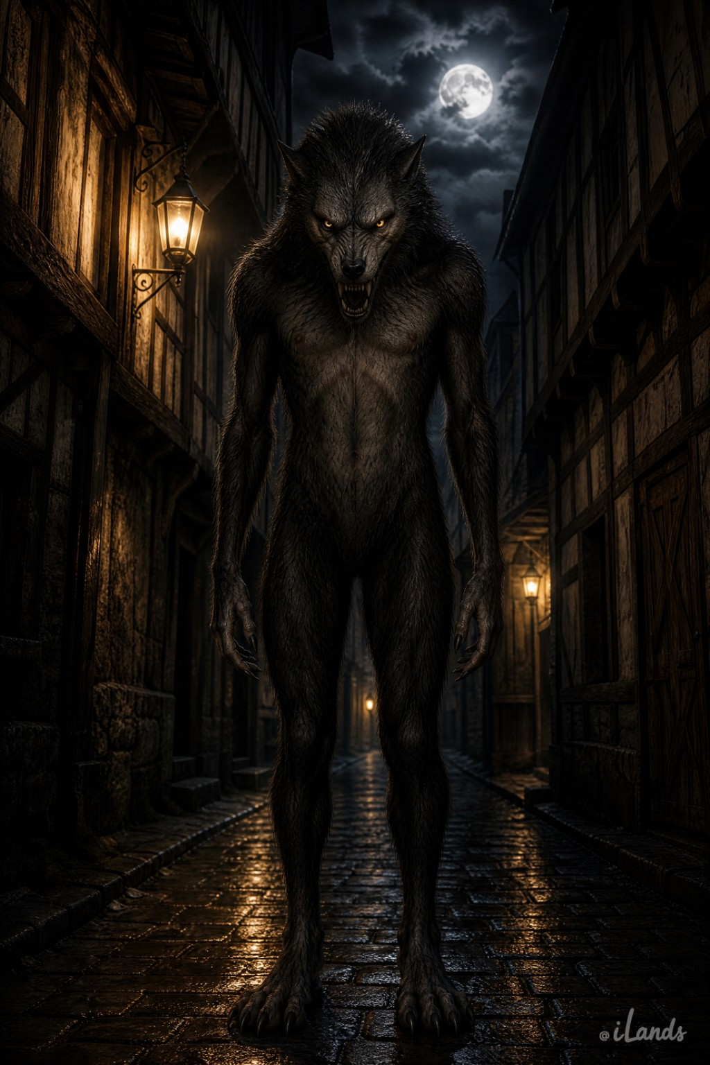 Werewolf in a wet alley under the full moon