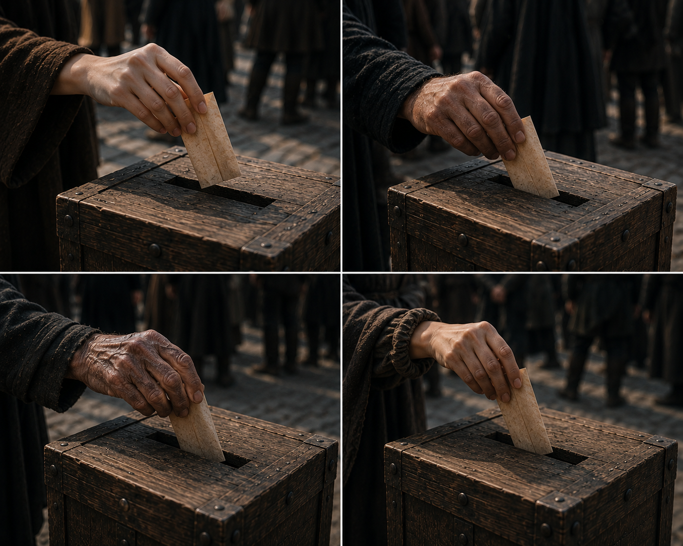 Four-panel ballot hands dropping papers