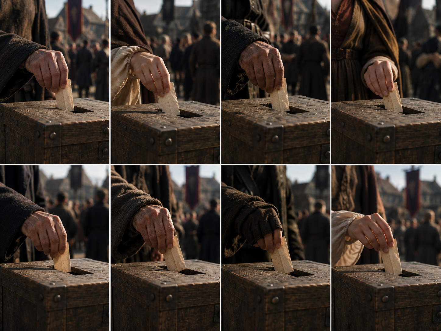 Eight-panel grid of hands casting ballots