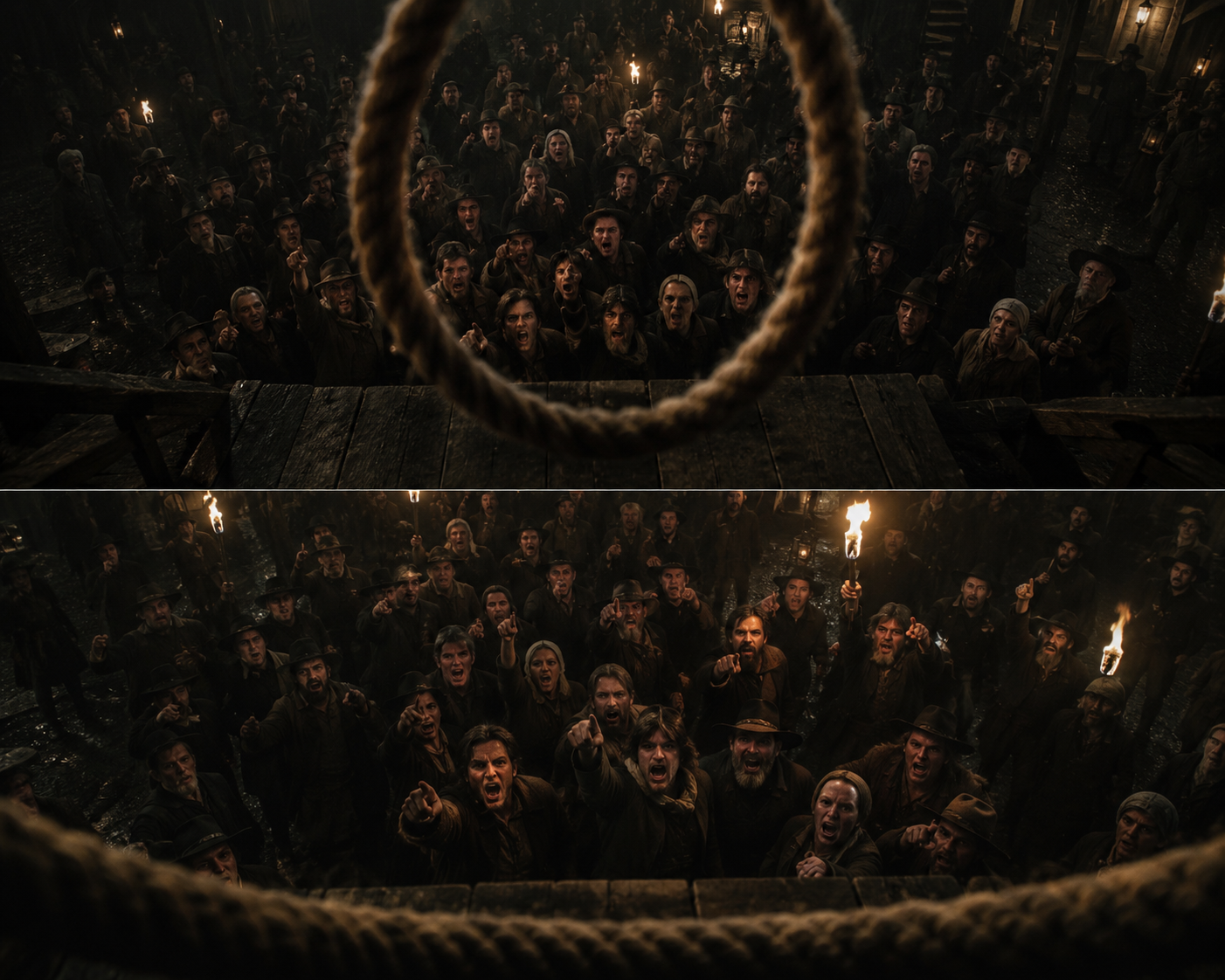 Two-panel mob with torches, noose above