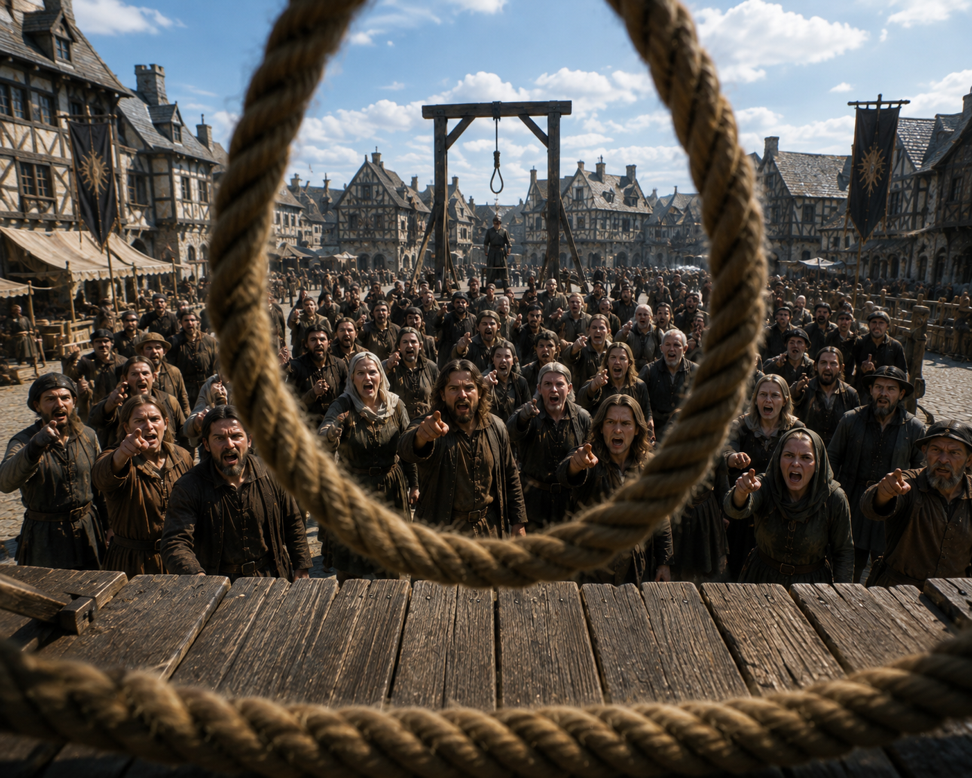 Mob seen through a noose loop