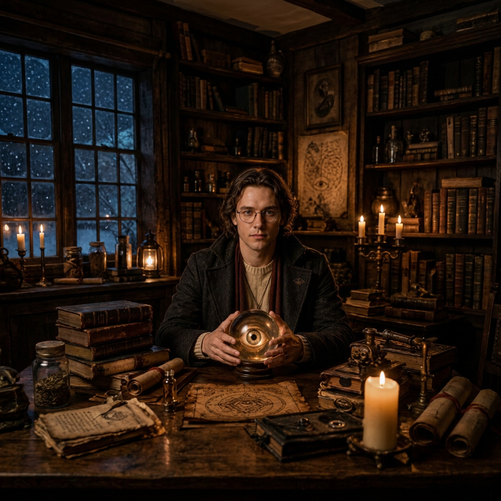 Seer holding a crystal ball at a candlelit desk