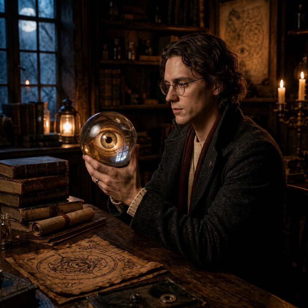Seer at his desk with the glowing orb