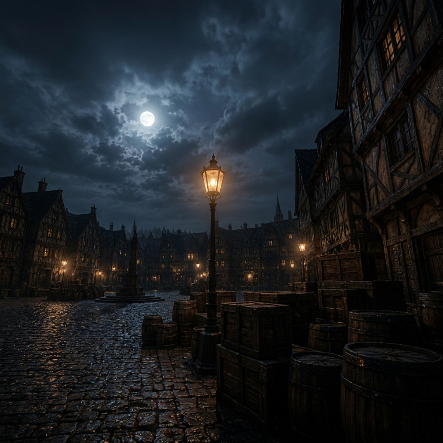 Empty town square at night, single lamp, full moon