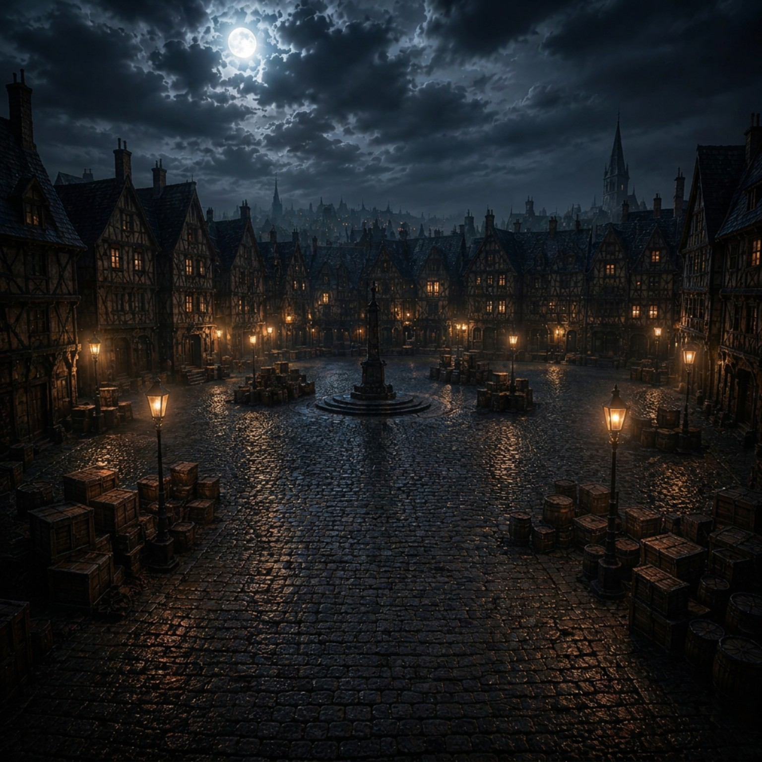 Wide empty town square at night under the moon