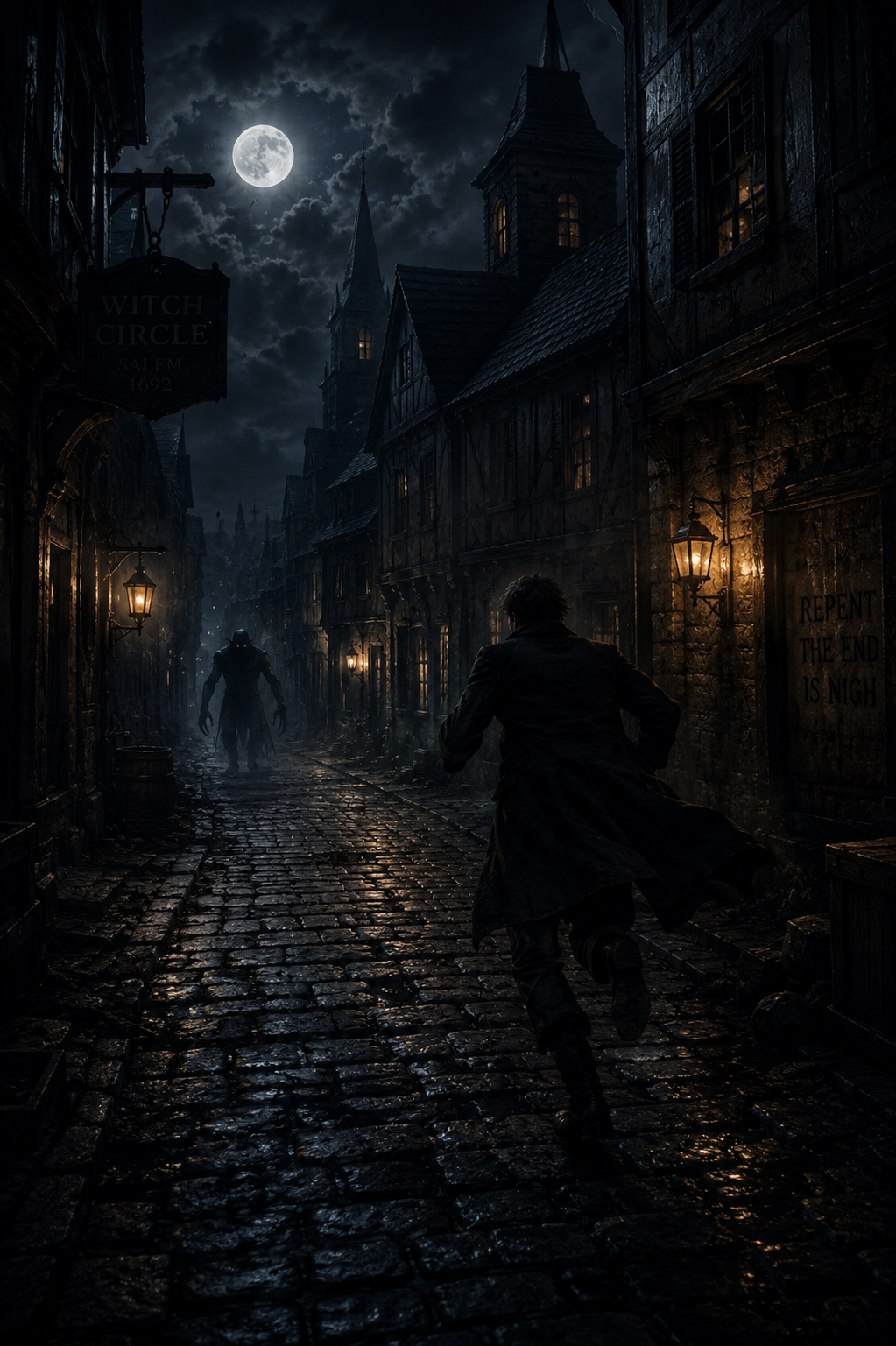 Witch-hunt street — runner fleeing, Salem 1692 sign