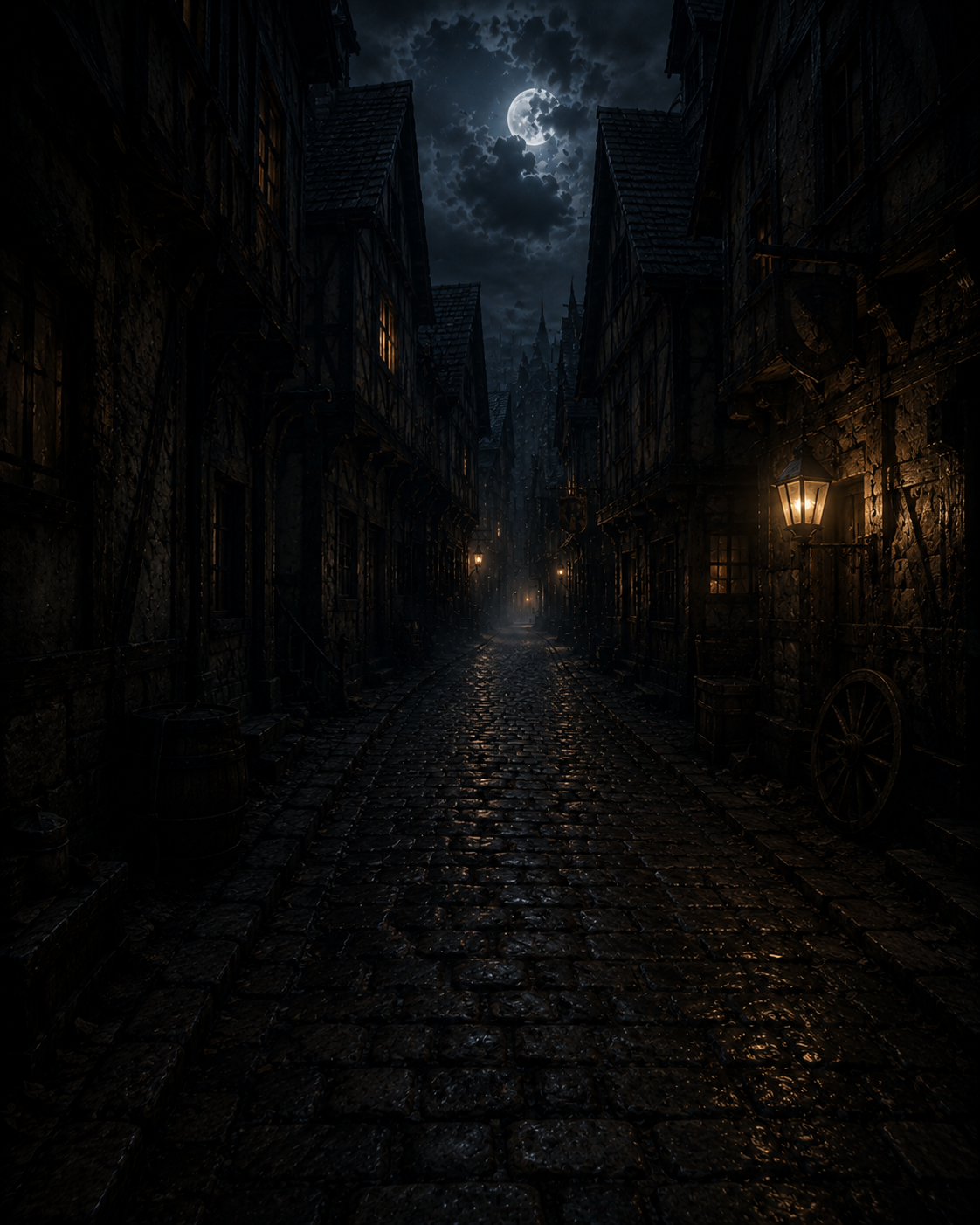 Street reference 1 — wet cobbles, amber lanterns