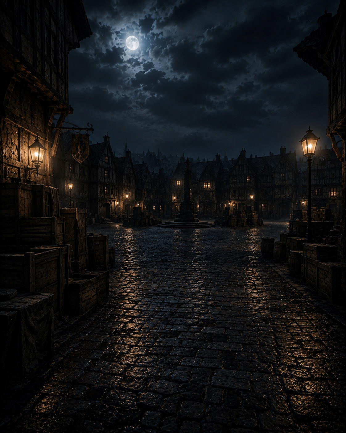 Town square — environment anchor, wet cobbles, amber lanterns, moon through clouds